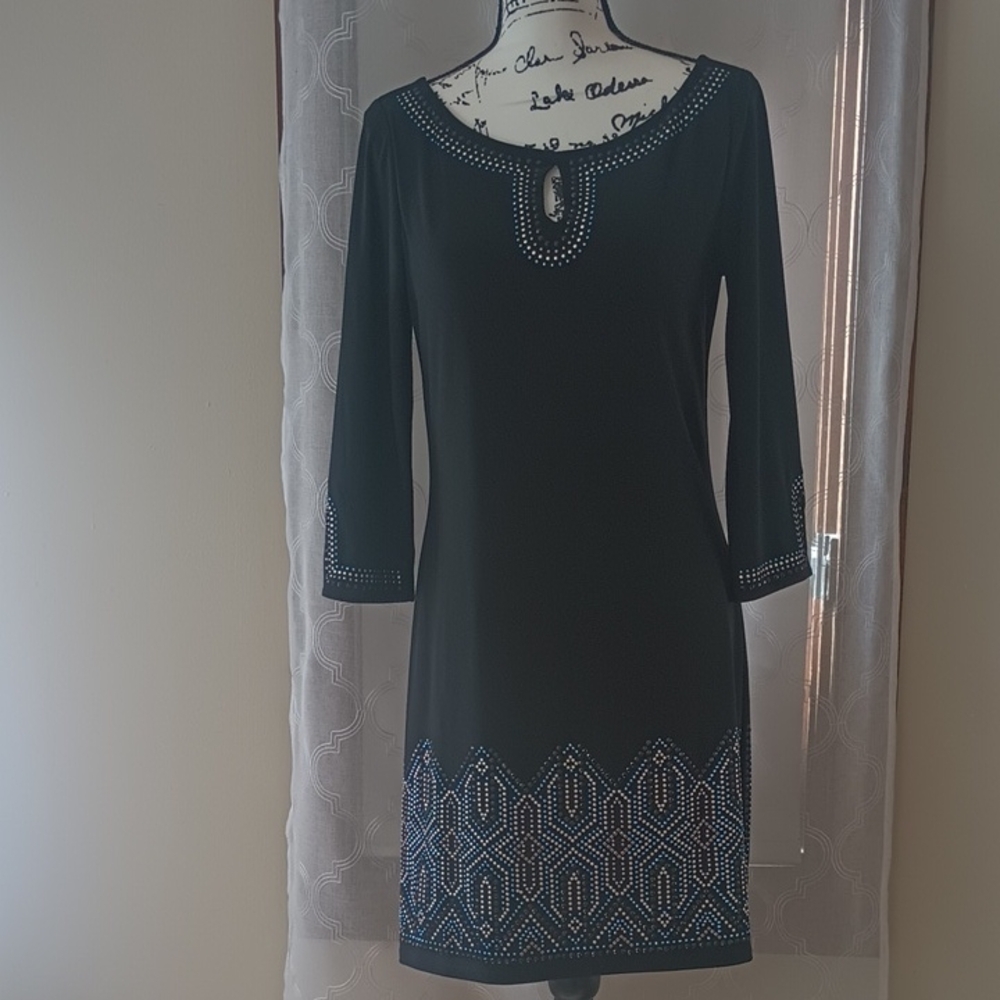 White House Black Market Black Dress with Blue & Silver Detailing